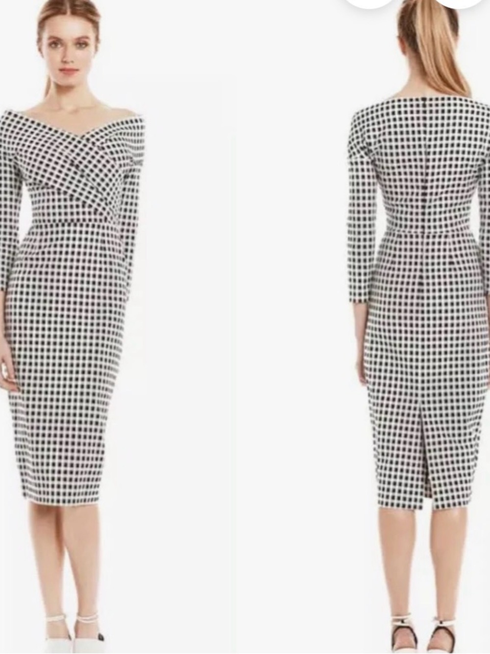 Lela Rose Black and White Gingham Wrap-Front Midi Dress